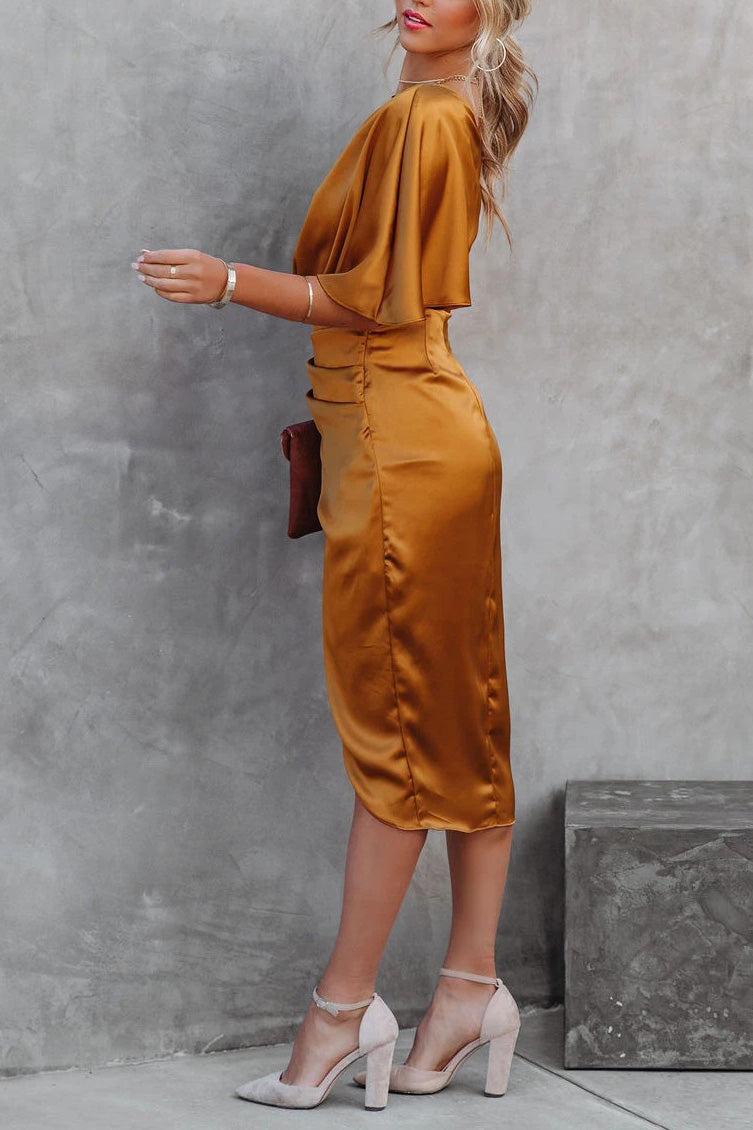 Elegant One Shoulder Satin Drape Midi Dress
