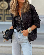 Sequined Zipper Placket Bomber Jacket