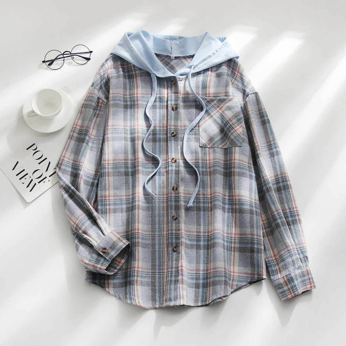 Tartan Plaid Print Drawstring Hooded Shirt