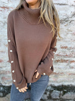 Turtleneck Buttoned-Sleeves Knit Sweater