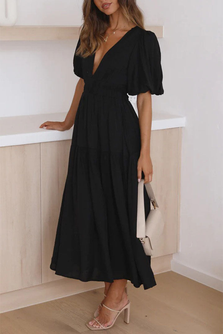 Solid Puff Sleeve Midi Dress