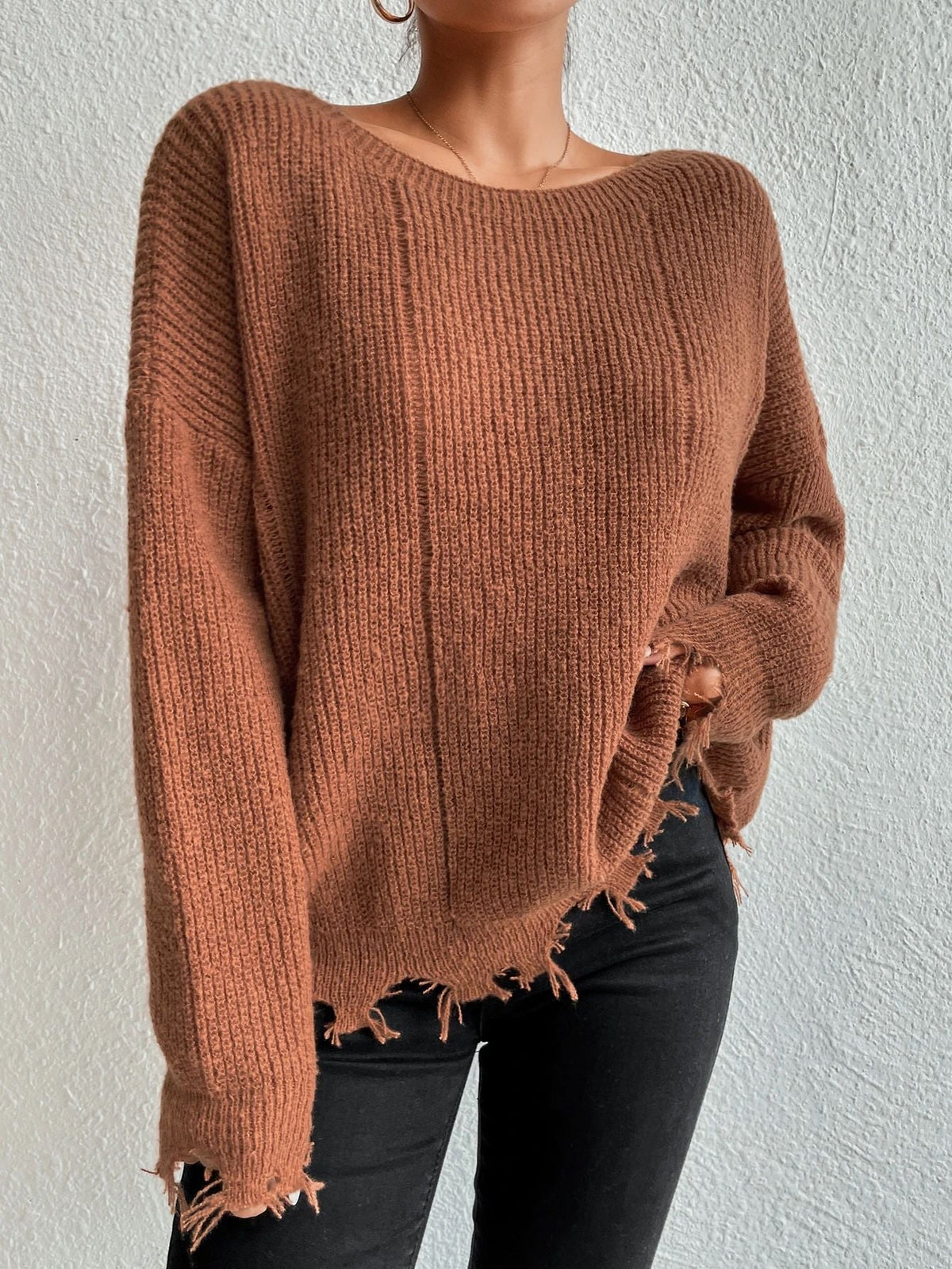 Solid Ripped Bottom Hemline Knit Sweater