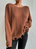 Solid Ripped Bottom Hemline Knit Sweater