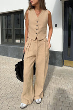 Casual Linen V-neck Vest and Pants Two Piece Suit