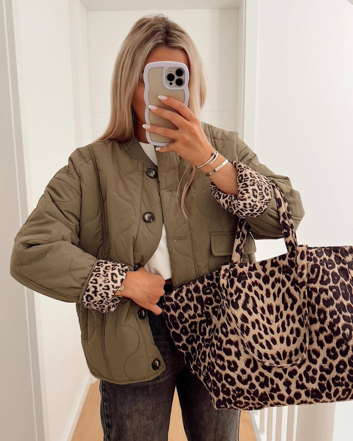 Casual Leopard Lining Quilted Button Down Jacket