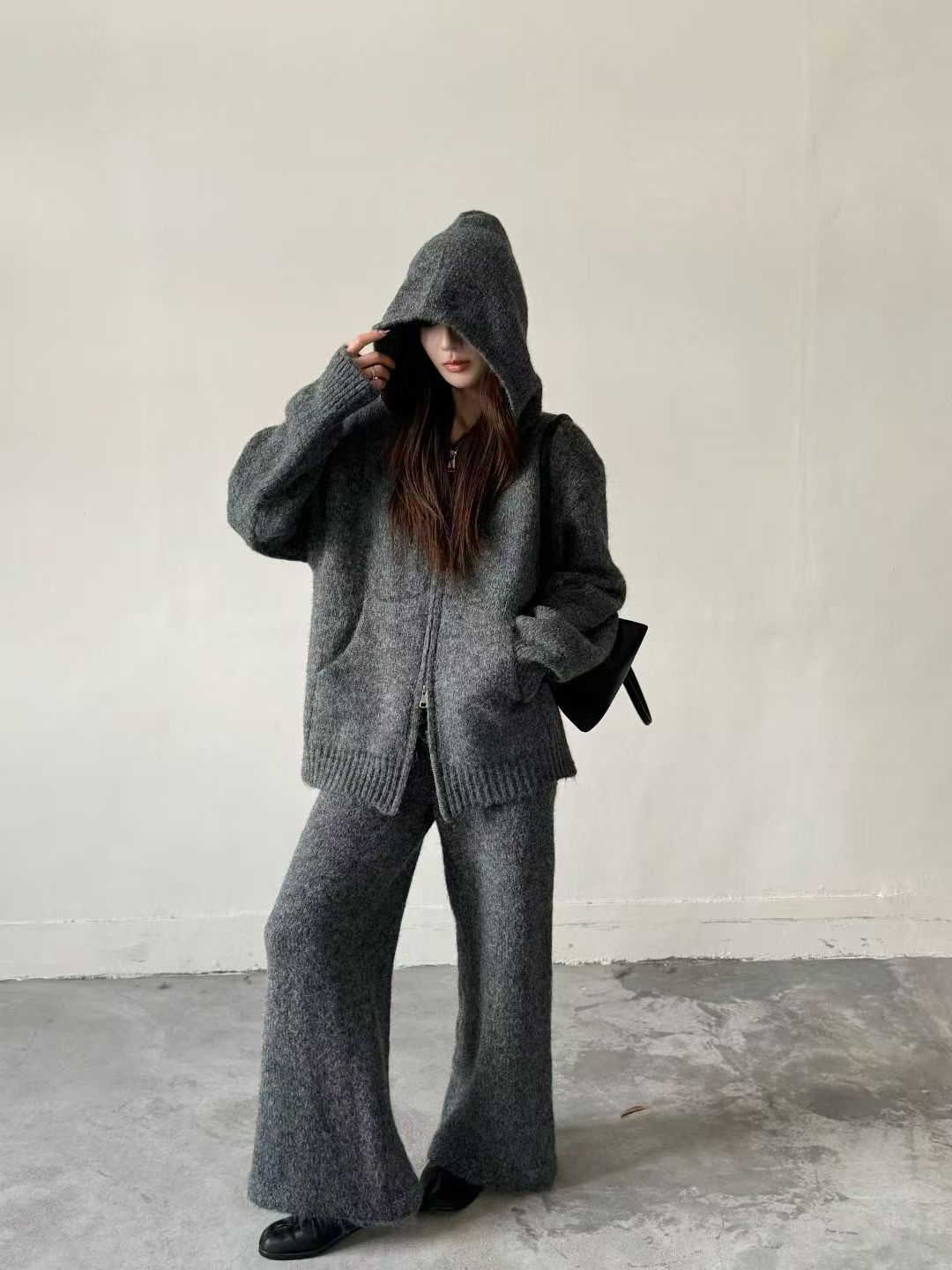 Thermal Hooded Cardigan and Pants Knit Two-Piece Set