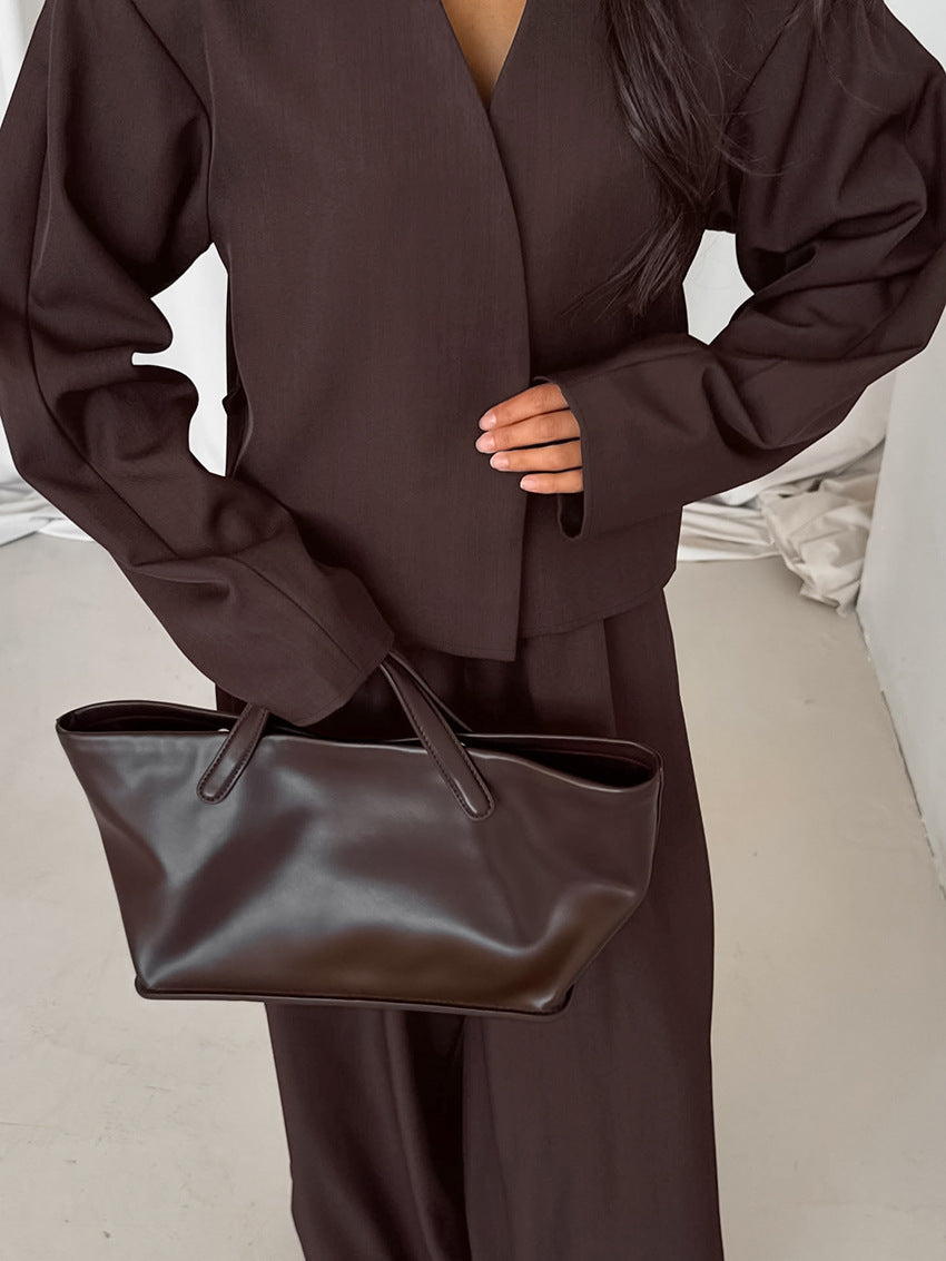 Neat V-neck Top and Loose Trousers Two-Piece Suit