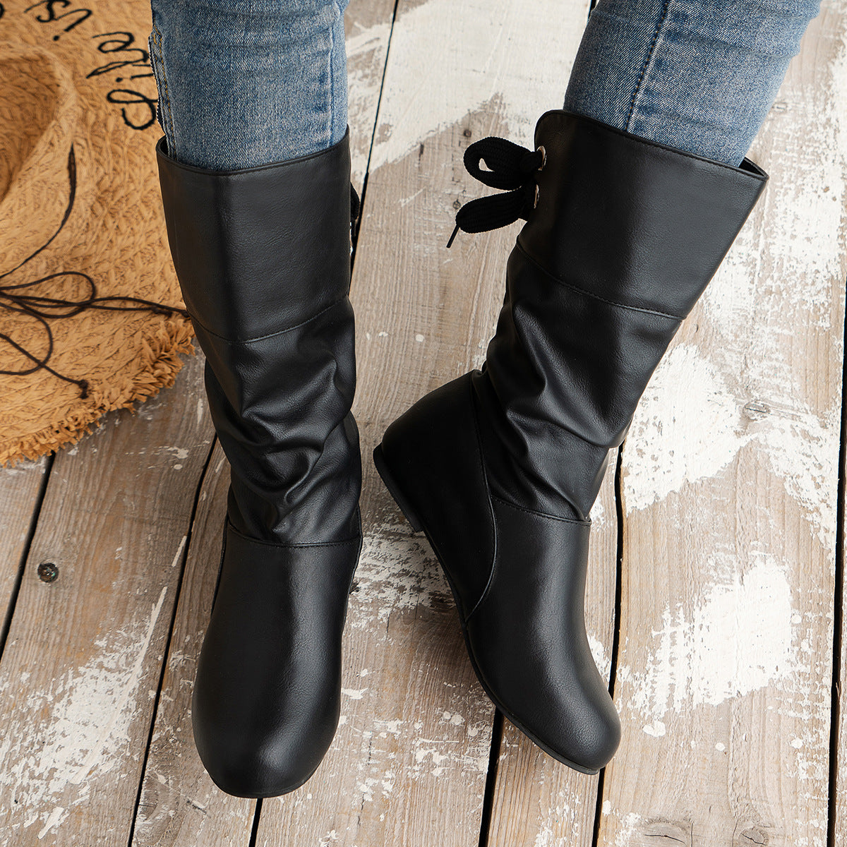 Back-Tie Trim Mid-Calf Leather Boots