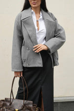 Grey Notched Lapel Short Wool Coat