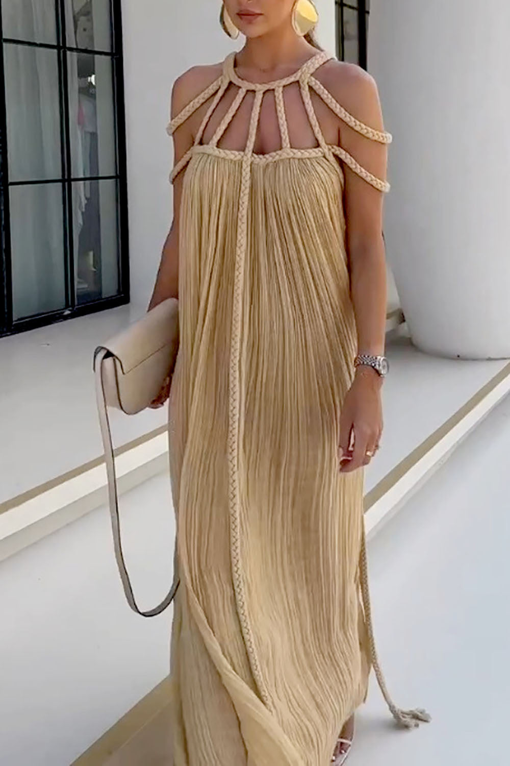 Braided Yoke Loose Fit Maxi Dress
