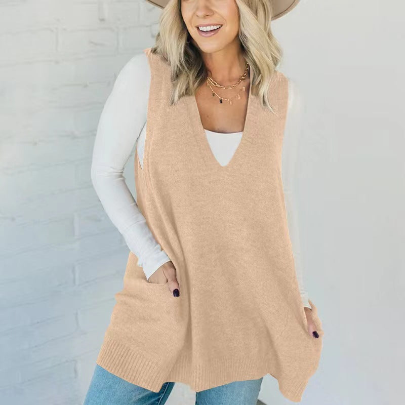 V-neck Pocket Knitted Vest Sleeveless Sweater