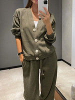 Casual Button-Down Knitted Top and Pants Two-Piece Set