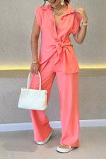 Tie-Waist Shirt and High-Waisted Pants Two-Piece Set