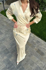 Beige Satin Long Sleeves Top and Skirt Two-Piece Suit