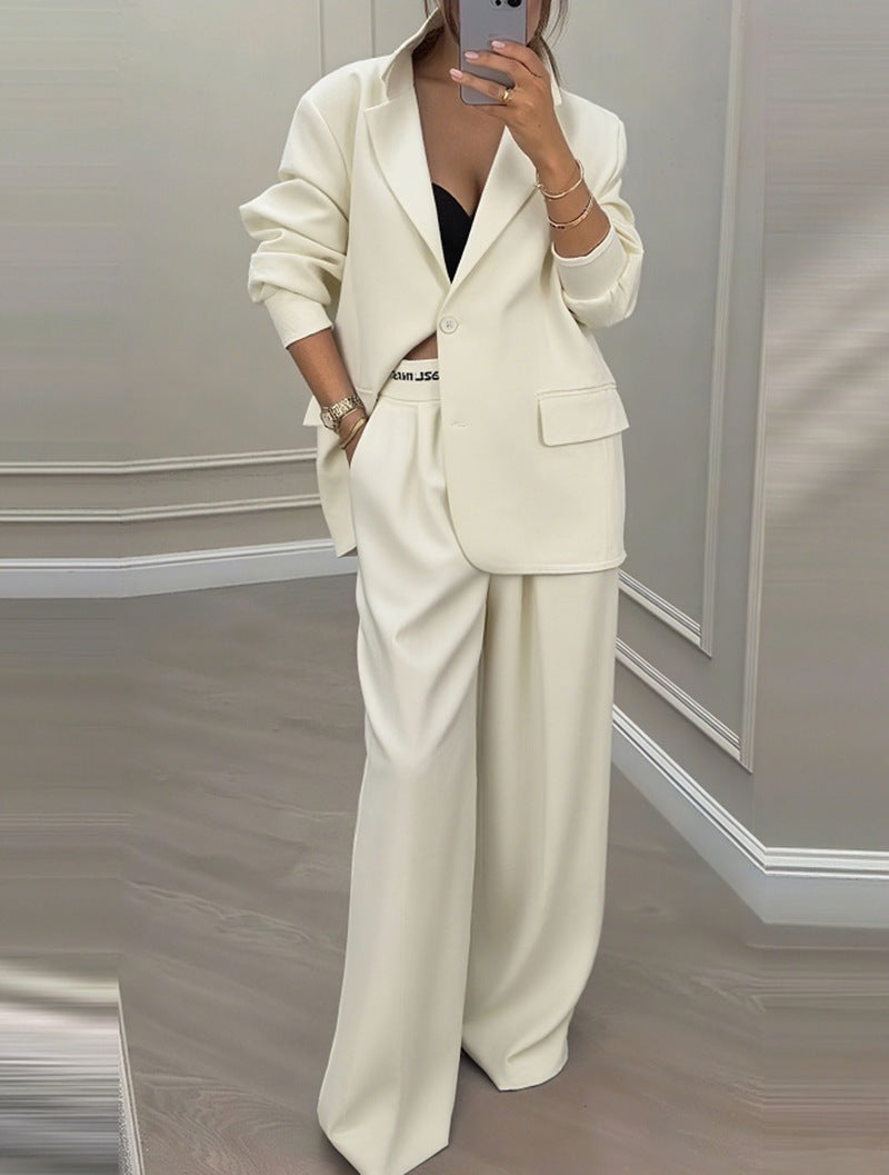 Solid Stylish Blazer and Wide-Leg Pants Two Piece Set