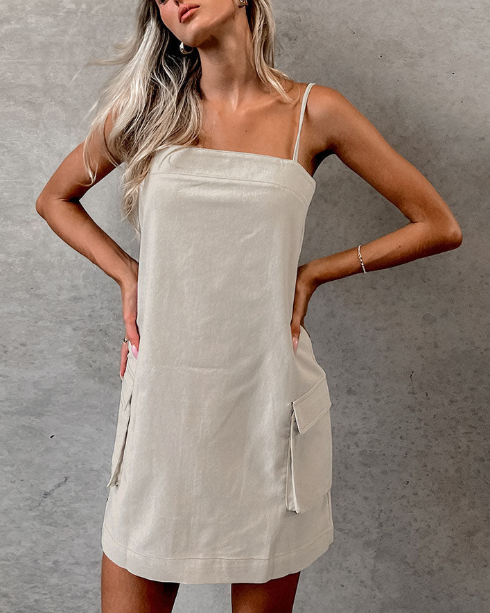 Khaki Linen Sheath Cargo Dress