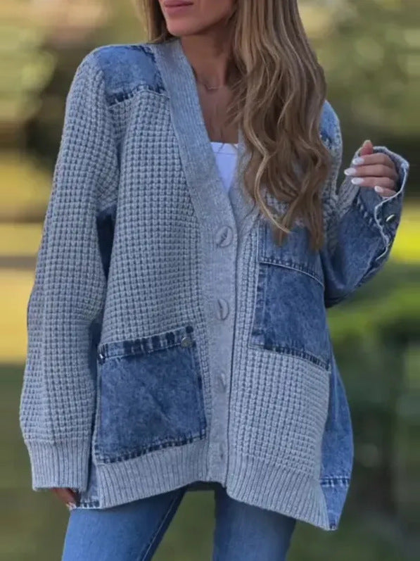 Slouchy Denim Patchwork Knitted Cardigan Jacket