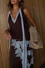 Satin Paneled Lace Sleeveless Top and Skirt Two-Piece Set