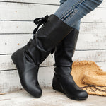 Back-Tie Trim Mid-Calf Leather Boots