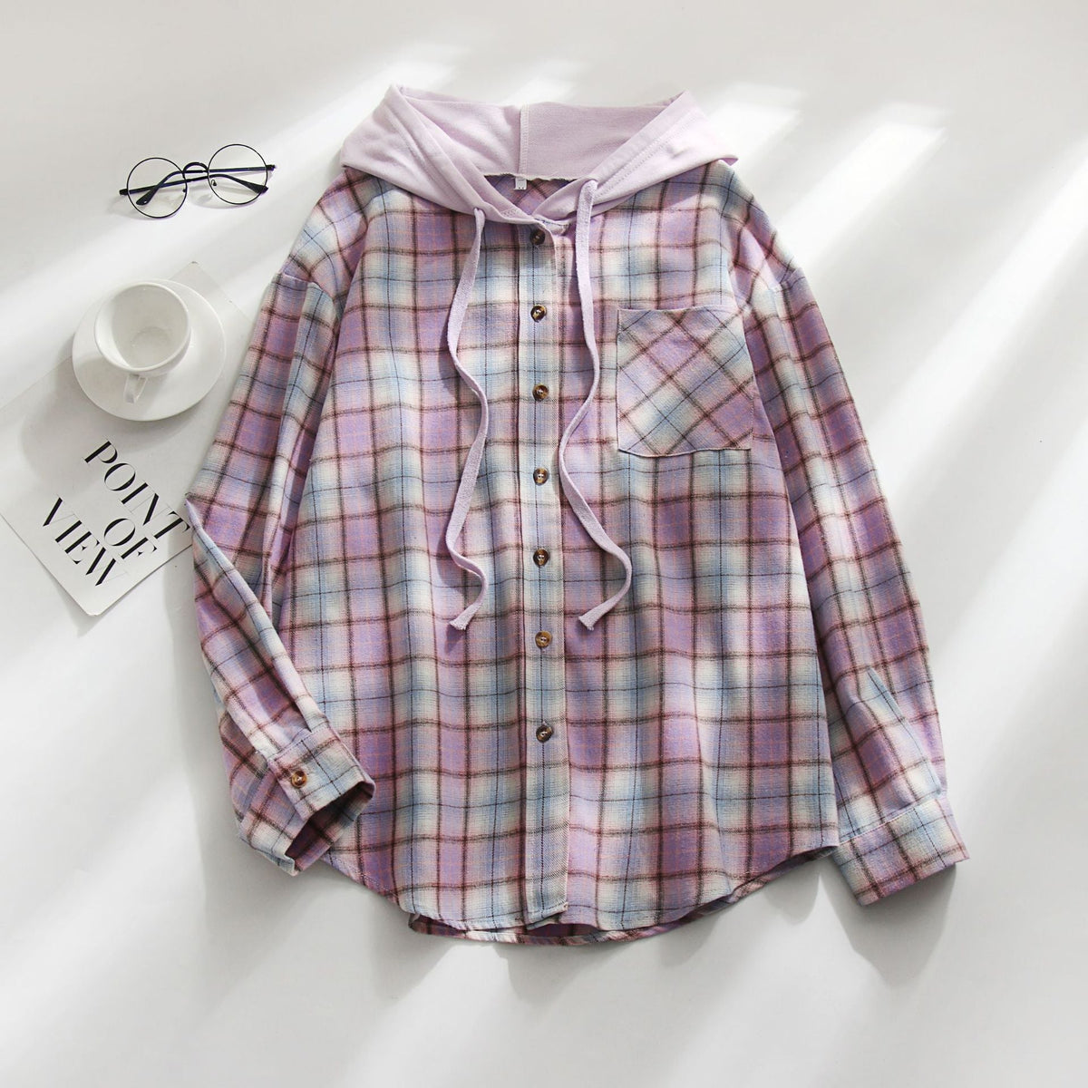 Tartan Plaid Print Drawstring Hooded Shirt
