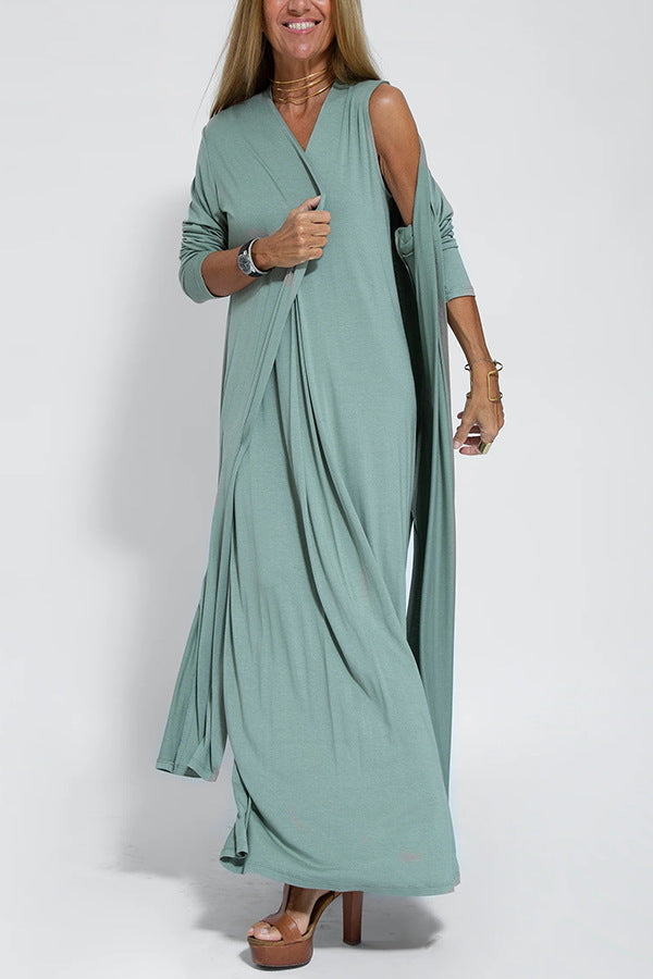 Casual Sleeveless Midi Dress and Long Cardigan Two-Piece Suit