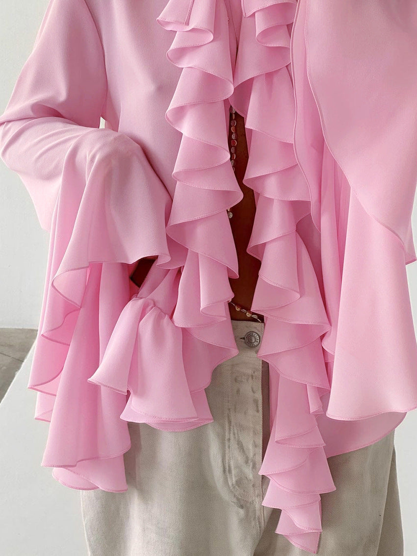 Solid Bell Cuffs Chiffon Ruffled Shirt