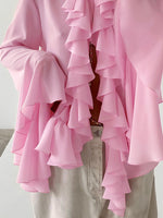 Solid Bell Cuffs Chiffon Ruffled Shirt