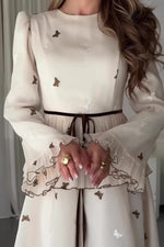White Embroidery Butterfly Long Sleeves Maxi Dress