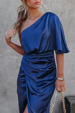 Elegant One Shoulder Satin Drape Midi Dress