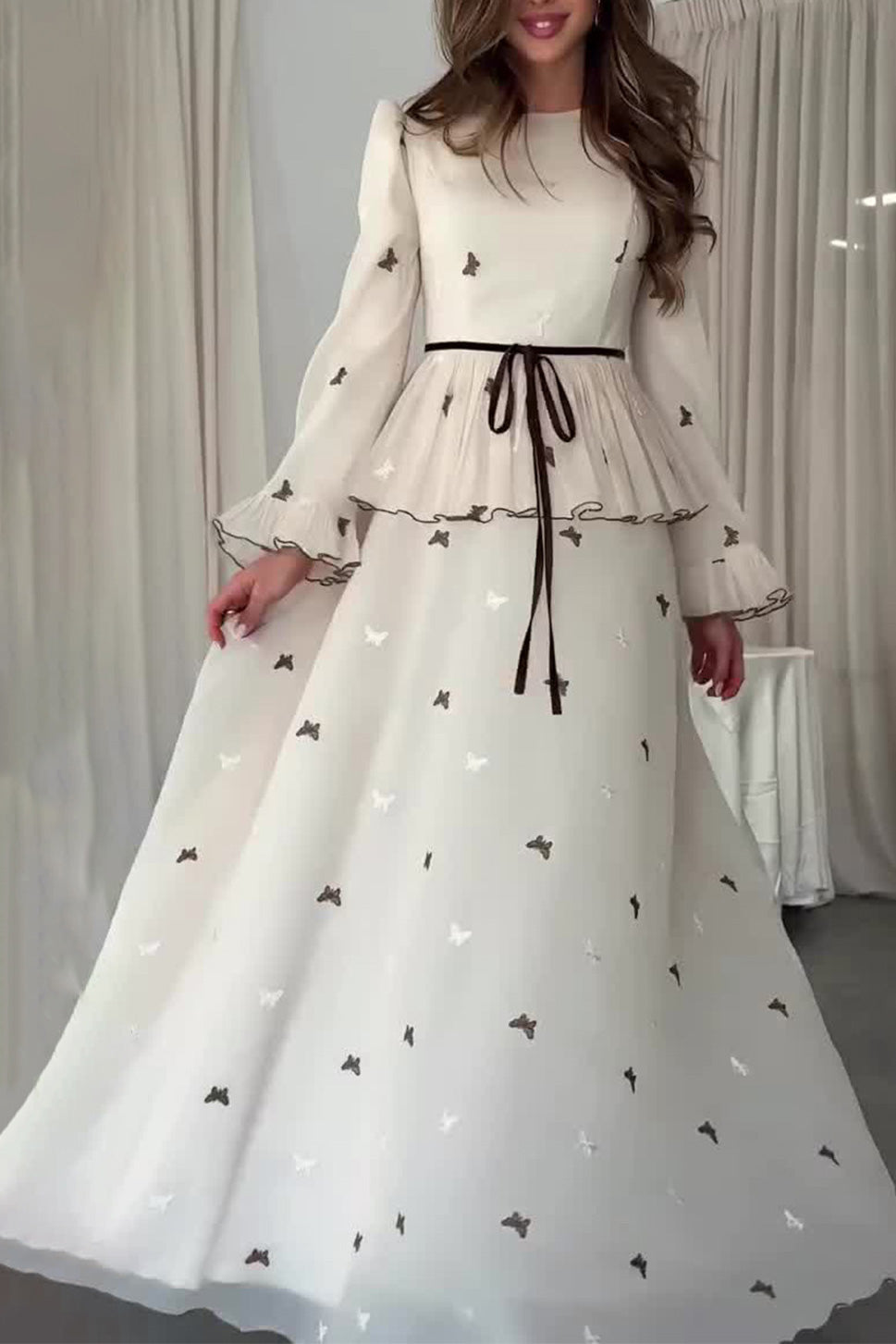 White Embroidery Butterfly Long Sleeves Maxi Dress