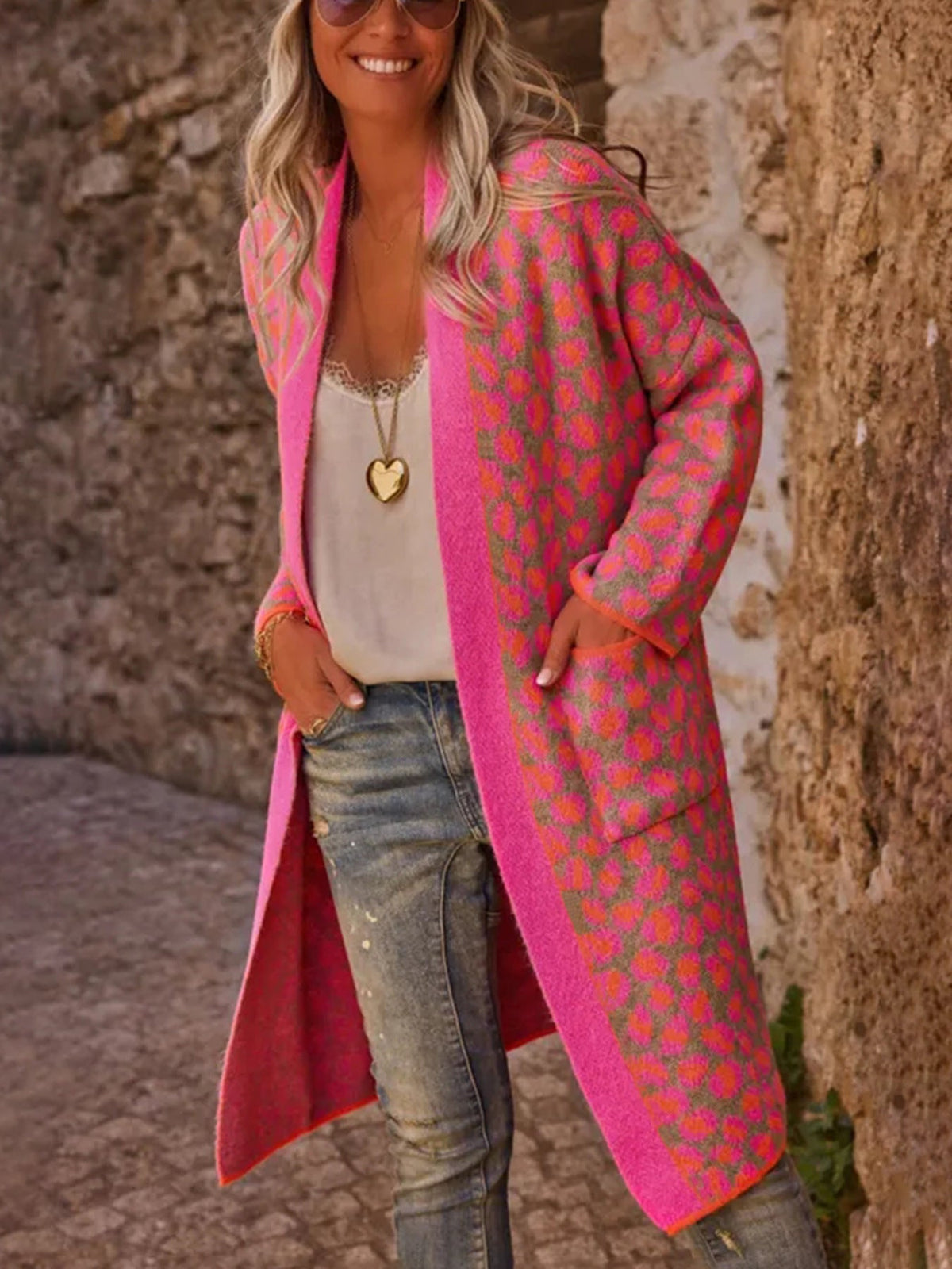 Hot Pink Leopard Print Long Cardigan Coat