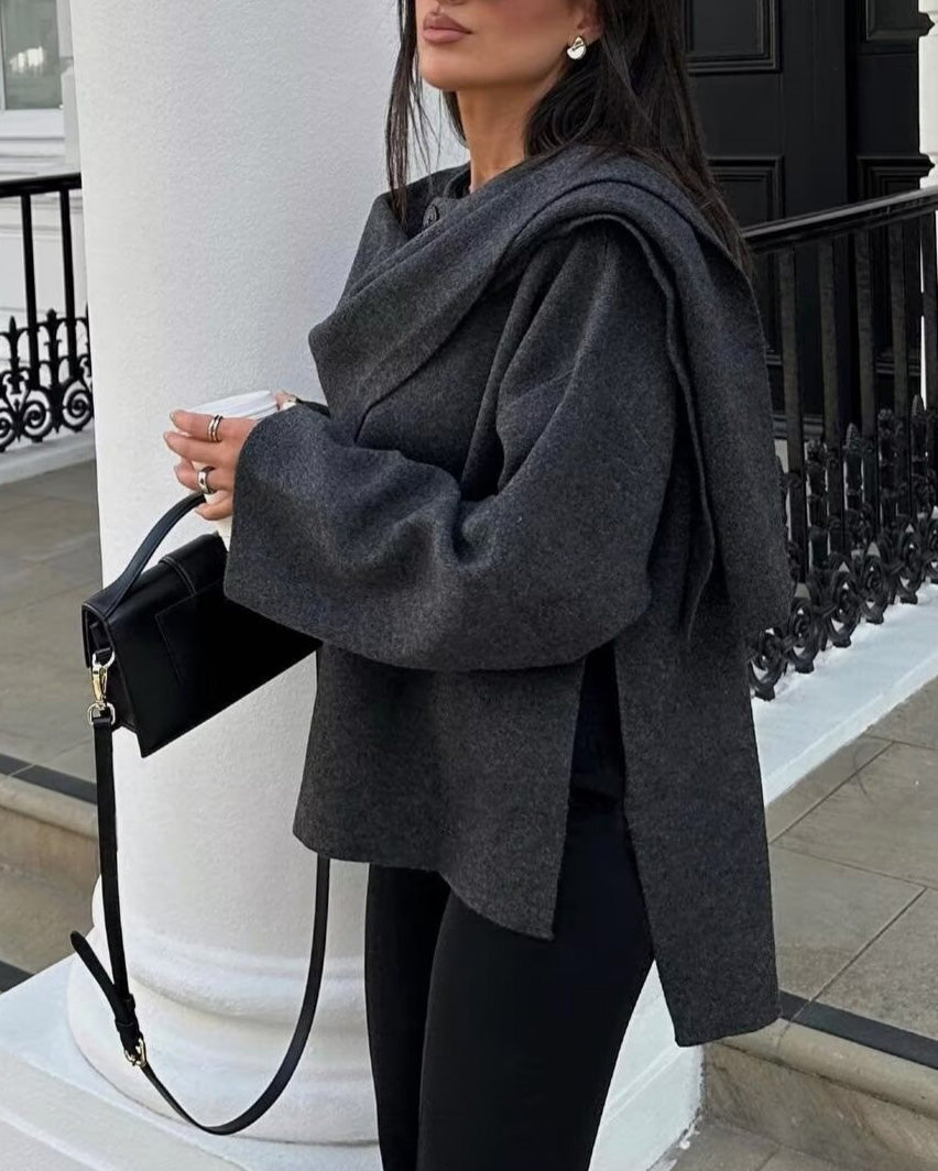 Asymmetric Scarf Detail Knitted Coat