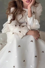 White Embroidery Butterfly Long Sleeves Maxi Dress