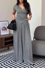 Casual Slim Fit Top and Wide-Leg Pants Two-Piece Suit