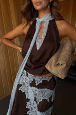 Satin Paneled Lace Sleeveless Top and Skirt Two-Piece Set