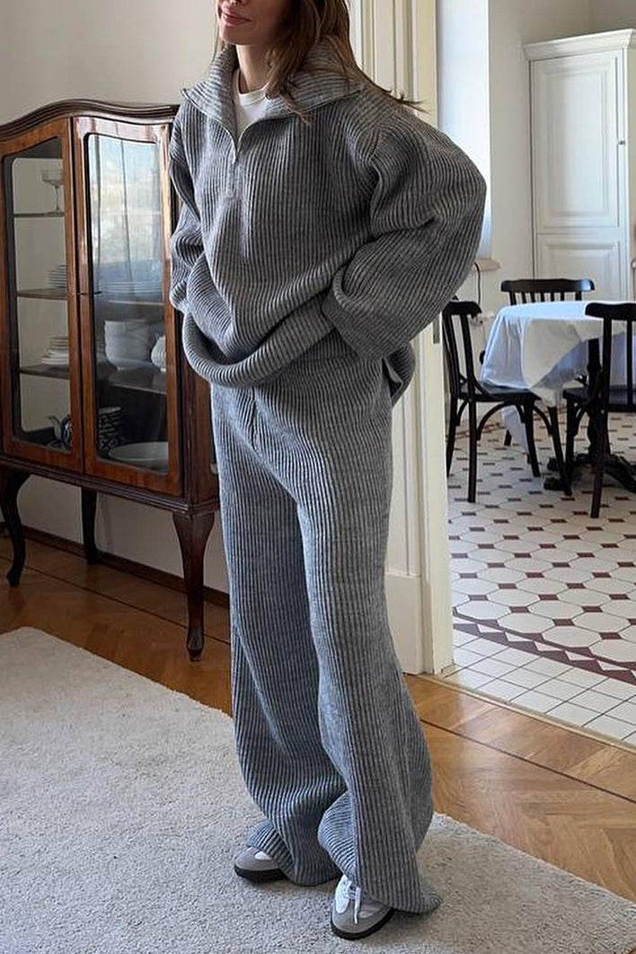 Cozy Ribbed Knit Sweater and Wide-Leg Pants Two-Piece Set