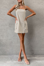 Khaki Linen Sheath Cargo Dress