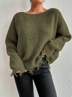 Solid Ripped Bottom Hemline Knit Sweater