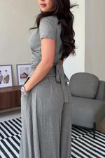 Casual Slim Fit Top and Wide-Leg Pants Two-Piece Suit