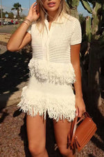 Tassel Short-Sleeved Knit Top and Miniskirt Two-Piece Set