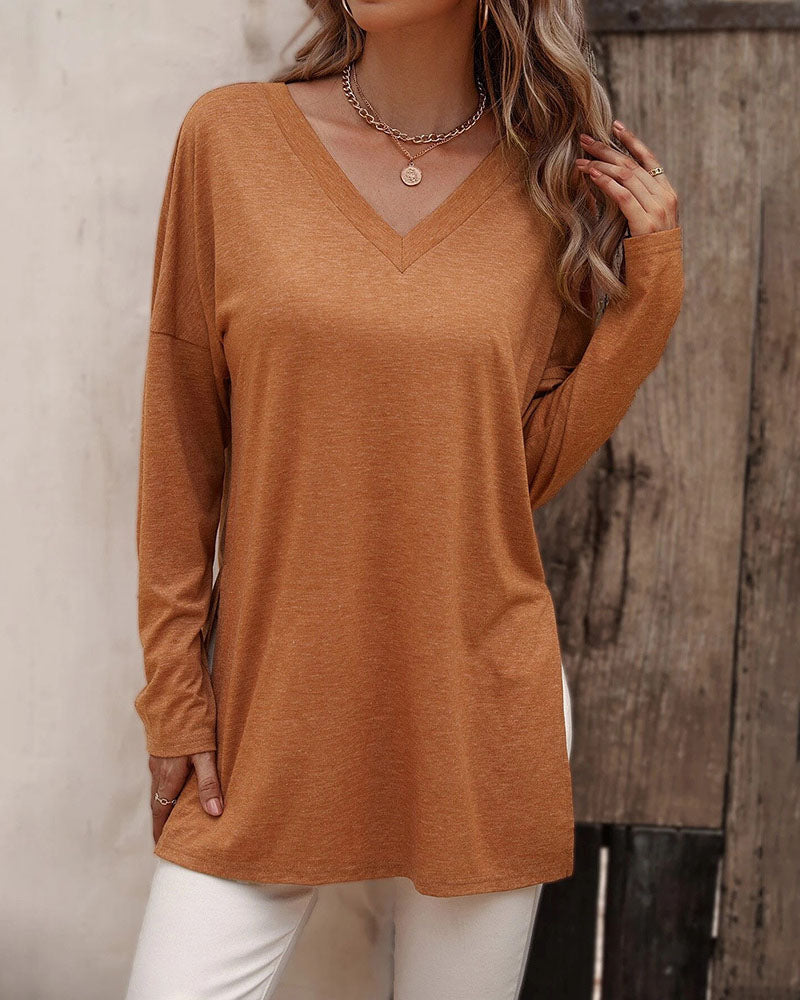 Solid Long-sleeved Side Split T-shirt