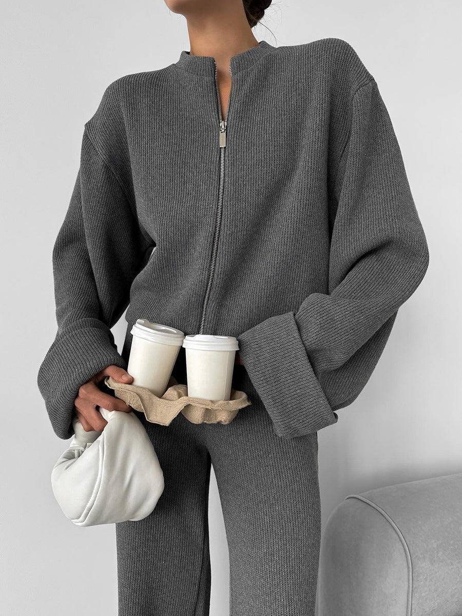 Ribbed Knit Zippered Jacket and Pants Two-Piece Suit