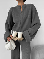Ribbed Knit Zippered Jacket and Pants Two-Piece Suit
