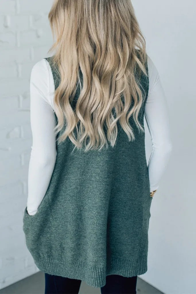 V-neck Pocket Knitted Vest Sleeveless Sweater