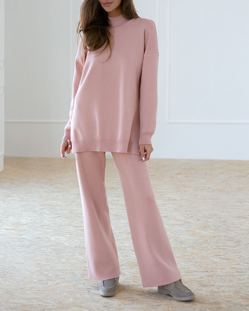 Solid Knitted Split Sweater and Pants Two-Piece Set