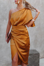 Elegant One Shoulder Satin Drape Midi Dress