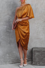 Elegant One Shoulder Satin Drape Midi Dress