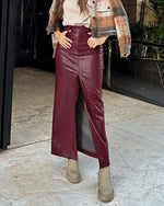 Wine Red Faux Leather Split Midi Skirt