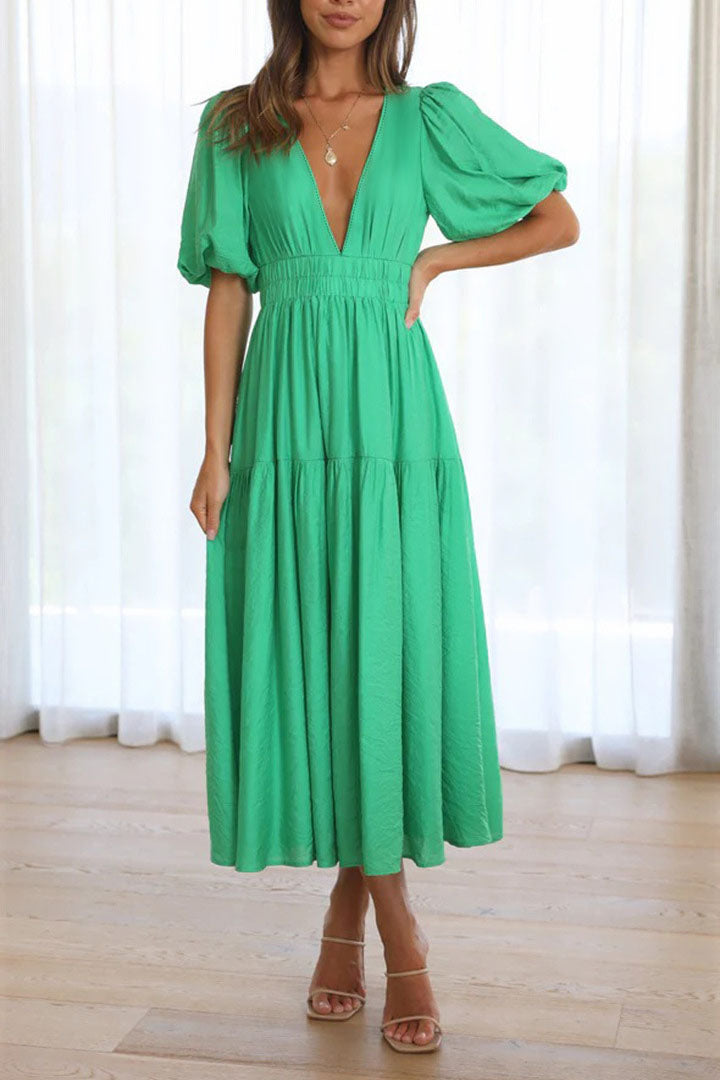 Solid Puff Sleeve Midi Dress