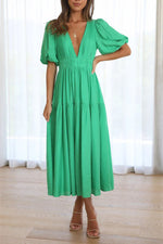 Solid Puff Sleeve Midi Dress